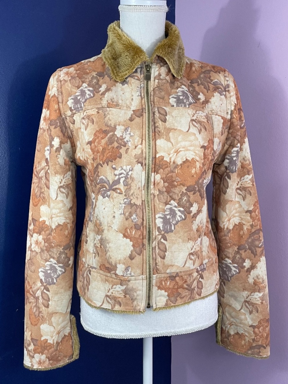 Y2K Floral Tapesty Fur Lined Coat S Full Zip Collared POCKETS Faux Suede Jacket